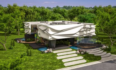 Biyonik doğal kıvrımları olan, park yeri ve havuzu satılık veya güzel manzaralı şirin, rahat, modern bir ev. Mavi gökyüzü açık güneşli bir yaz günü