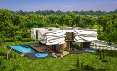 Biyonik doğal kıvrımları olan, park yeri ve havuzu satılık veya güzel manzaralı şirin, rahat, modern bir ev. Mavi gökyüzü açık güneşli bir yaz günü