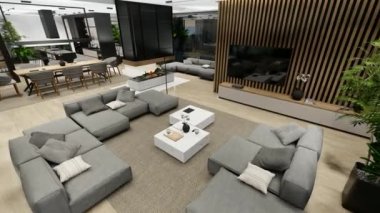 4K video rendering of modern cozy interior with living,dining zone stair and kitchen for sale or rent with wood plank by the sea or ocean. Spacious apartments with expensive furniture and equipment.