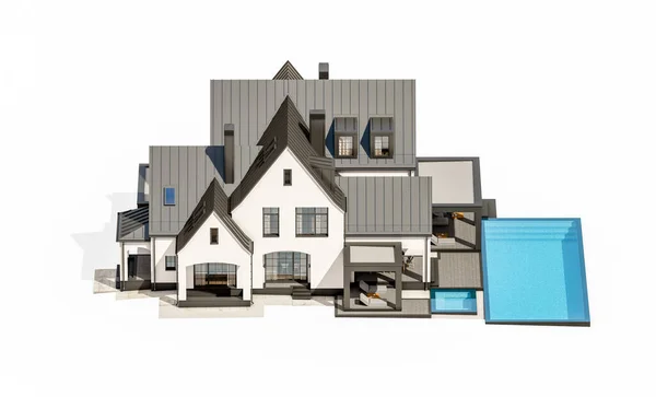 3D渲染可爱舒适的白色和黑色现代都铎风格的房子与停车场和游泳池出售或租金与美丽的景观 仙女们的屋顶与白种人隔离 — 图库照片