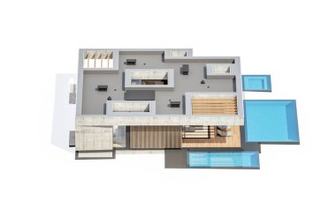 3d rendering of new concrete house in modern style with pool and parking for sale or rent only one floor in evening. Isolated on white