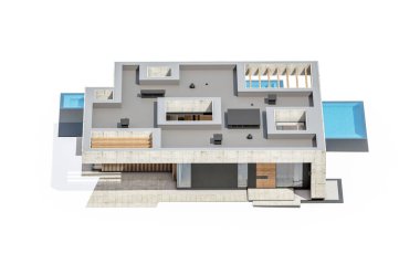 3d rendering of new concrete house in modern style with pool and parking for sale or rent only one floor in evening. Isolated on white