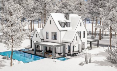 Üç boyutlu şirin, beyaz ve siyah, modern Tudor tarzı bir ev. Park yeri ve havuzu satılık ya da güzel peyzajlı. Peri çatıları. Parlak beyaz karlı serin bir kış günü.