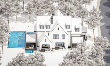 Üç boyutlu şirin, beyaz ve siyah, modern Tudor tarzı bir ev. Park yeri ve havuzu satılık ya da güzel peyzajlı. Peri çatıları. Parlak beyaz karlı serin bir kış günü.
