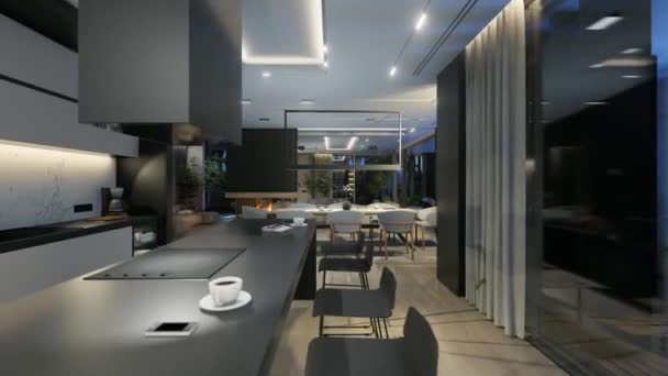 Vídeo Renderização Interior Acolhedor Moderno Com Vida Escada Zona Jantar — Vídeo de Stock