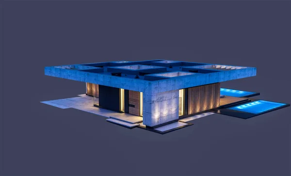 3D提供现代风格的新混凝土房屋 并设有泳池及停车场供出售或在晚上只租用一楼 被隔离在黑暗中 — 图库照片