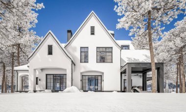 Üç boyutlu şirin, beyaz ve siyah, modern Tudor tarzı bir ev. Park yeri ve havuzu satılık ya da güzel peyzajlı. Peri çatıları. Parlak beyaz karlı serin bir kış günü.