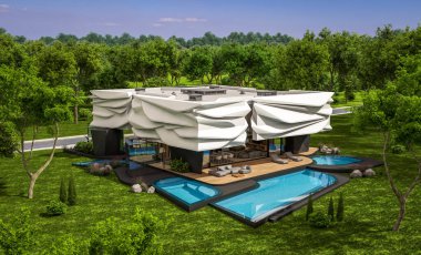 Biyonik doğal kıvrımları olan, park yeri ve havuzu satılık veya güzel manzaralı şirin, rahat, modern bir ev. Mavi gökyüzü açık güneşli bir yaz günü