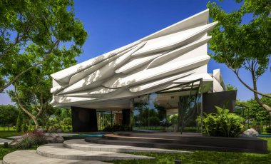 Biyonik doğal kıvrımları olan, park yeri ve havuzu satılık veya güzel manzaralı şirin, rahat, modern bir ev. Mavi gökyüzü açık güneşli bir yaz günü