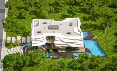 Biyonik doğal kıvrımları olan, park yeri ve havuzu satılık veya güzel manzaralı şirin, rahat, modern bir ev. Mavi gökyüzü açık güneşli bir yaz günü