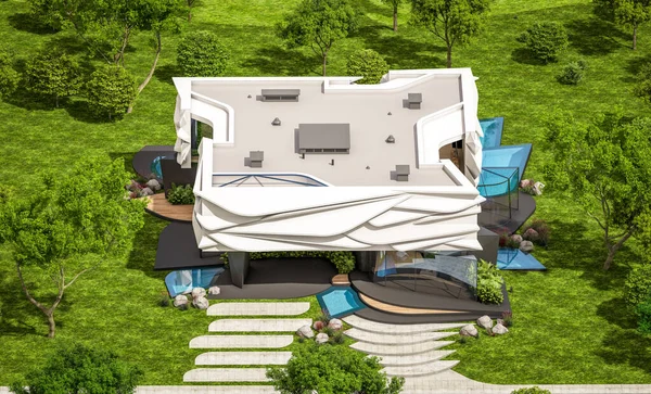 Rendering Van Schattig Gezellig Modern Huis Met Bionische Natuurlijke Rondingen — Stockfoto