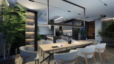 4K video görüntüleri, canlı, yemek bölgesi merdiveni ve mutfak ile deniz ya da okyanus kıyısında ahşap kalasla yapılmış. Geceleri pahalı mobilyaları olan geniş daireler.