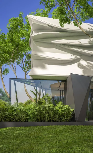 美しい風景と販売または賃貸のための駐車場やプール付きのバイオニック自然曲線のプラスチックフォームとかわいい居心地の良いモダンな家の3Dレンダリング 青空と晴れた夏の日をクリア — ストック写真