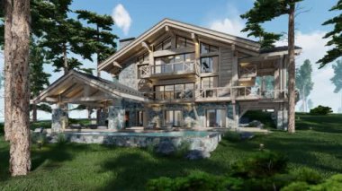 4K video rendering of modern cozy chalet with pool and parking for sale or rent. Beautiful forest mountains on background. Massive timber beams columns. Clear sunny summer day with cloudless sky.Fly-walk