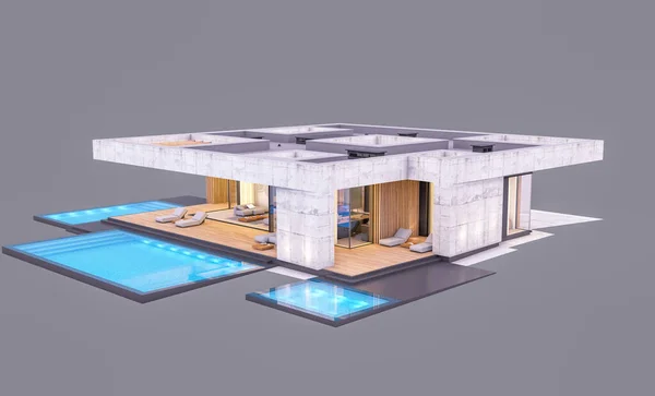 Återgivning Nytt Betonghus Modern Stil Med Pool Och Parkering Till — Stockfoto