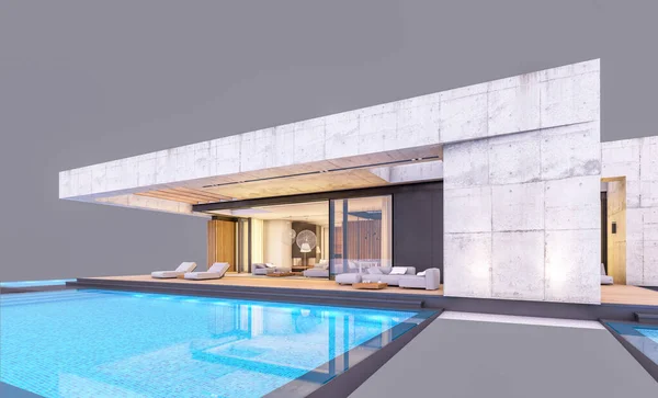 Rendering Van Nieuwe Betonnen Huis Moderne Stijl Met Zwembad Parkeerplaats — Stockfoto