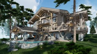 4K video rendering of modern cozy chalet with pool and parking for sale or rent. Beautiful forest mountains on background. Massive timber beams columns. Clear sunny summer day with cloudless sky.Fly-walk