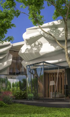 Biyonik doğal kıvrımları olan, park yeri ve havuzu satılık veya güzel manzaralı şirin, rahat, modern bir ev. Mavi gökyüzü açık güneşli bir yaz günü