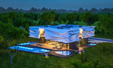 Biyonik doğal kıvrımları olan, park yeri ve havuzu satılık veya güzel manzaralı şirin, rahat, modern bir ev. Gökyüzünde bir sürü yıldızla berrak bir yaz gecesi