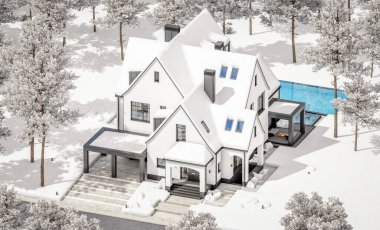 Üç boyutlu şirin, beyaz ve siyah, modern Tudor tarzı bir ev. Park yeri ve havuzu satılık ya da güzel peyzajlı. Peri çatıları. Parlak beyaz karlı serin bir kış günü.