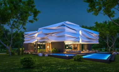 Biyonik doğal kıvrımları olan, park yeri ve havuzu satılık veya güzel manzaralı şirin, rahat, modern bir ev. Gökyüzünde bir sürü yıldızla berrak bir yaz gecesi