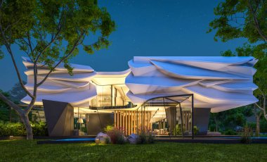 Biyonik doğal kıvrımları olan, park yeri ve havuzu satılık veya güzel manzaralı şirin, rahat, modern bir ev. Gökyüzünde bir sürü yıldızla berrak bir yaz gecesi