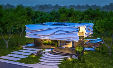 Biyonik doğal kıvrımları olan, park yeri ve havuzu satılık veya güzel manzaralı şirin, rahat, modern bir ev. Gökyüzünde bir sürü yıldızla berrak bir yaz gecesi