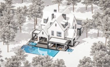 Üç boyutlu şirin, beyaz ve siyah, modern Tudor tarzı bir ev. Park yeri ve havuzu satılık ya da güzel peyzajlı. Peri çatıları. Parlak beyaz karlı serin bir kış günü.