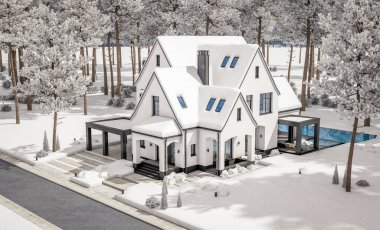 Üç boyutlu şirin, beyaz ve siyah, modern Tudor tarzı bir ev. Park yeri ve havuzu satılık ya da güzel peyzajlı. Peri çatıları. Parlak beyaz karlı serin bir kış günü.