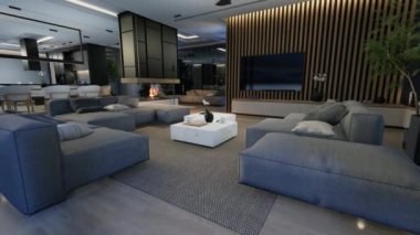4K video görüntüleri, canlı, yemek bölgesi merdiveni ve mutfak ile deniz ya da okyanus kıyısında ahşap kalasla yapılmış. Geceleri pahalı mobilyaları olan geniş daireler.