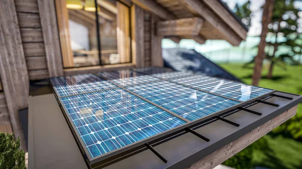 3D在现代舒适的带游泳池和停车供出售或出租的小木屋屋顶上安装太阳能电池板 背景上美丽的森林山脉 — 图库照片