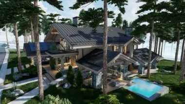 Havuzu ve kiralık park yeri olan modern konforlu dağ evinin çatısında 4K montajlı güneş panelleri. Arka planda güzel orman dağları. 