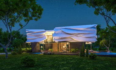 Biyonik doğal kıvrımları olan, park yeri ve havuzu satılık veya güzel manzaralı şirin, rahat, modern bir ev. Gökyüzünde bir sürü yıldızla berrak bir yaz gecesi