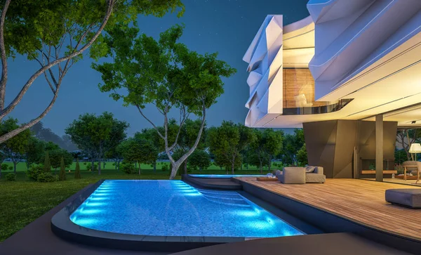 3D渲染可爱舒适的现代住房仿生自然曲线塑料形式的停车场和游泳池出售或租赁美丽的风景 晴朗的夏夜 天上有许多星星 — 图库照片