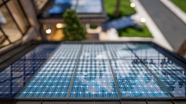 Representación Instalación Paneles Solares Techo Moderno Acogedor Chalet Con Piscina —  Fotos de Stock
