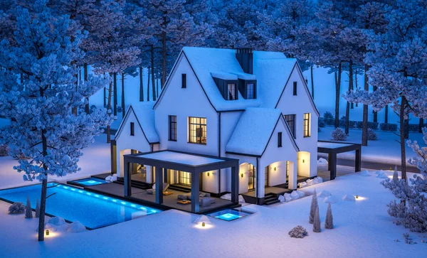 3D渲染可爱舒适的白色和黑色现代都铎风格的房子与停车场和游泳池出售或租金与美丽的景观 仙女们的屋顶寒冷的冬夜 天上有星星 — 图库照片