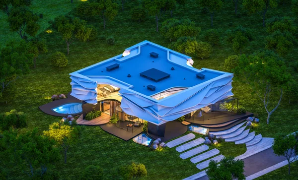 3D渲染可爱舒适的现代住房仿生自然曲线塑料形式的停车场和游泳池出售或租赁美丽的风景 晴朗的夏夜 天上有许多星星 — 图库照片