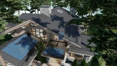 Havuzu ve kiralık park yeri olan modern konforlu dağ evinin çatısında 4K montajlı güneş panelleri. Arka planda güzel orman dağları. 