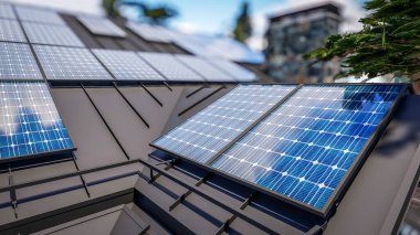 Modern konforlu dağ evinin çatısında, havuzu ve kiralık park yeri olan 3 boyutlu güneş panelleri montajı. Arka planda güzel orman dağları