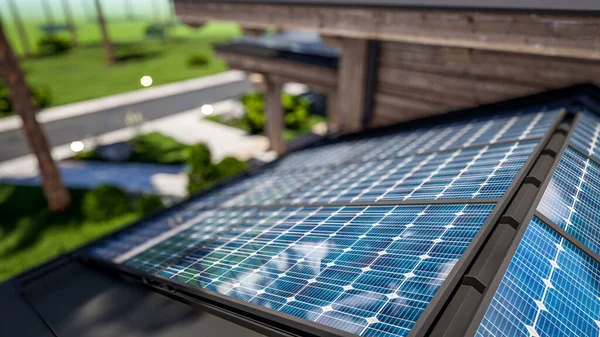 Representación Instalación Paneles Solares Techo Moderno Acogedor Chalet Con Piscina — Foto de Stock