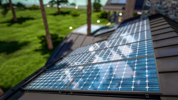 Representación Instalación Paneles Solares Techo Moderno Acogedor Chalet Con Piscina — Foto de Stock