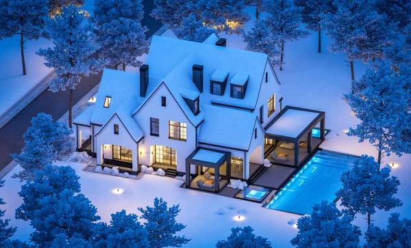 3D渲染可爱舒适的白色和黑色现代都铎风格的房子与停车场和游泳池出售或租金与美丽的景观 仙女们的屋顶寒冷的冬夜 天上有星星 — 图库照片