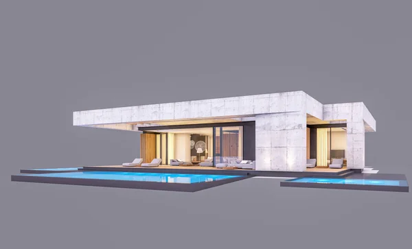 현대적 스타일의 새로운 하우스 렌더링 수영장 주차는 저녁에 판매하거나 임대료를 — 스톡 사진