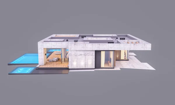 3D提供现代风格的新混凝土房屋 并设有泳池及停车场供出售或在晚上只租用一楼 在灰暗中被隔离 — 图库照片