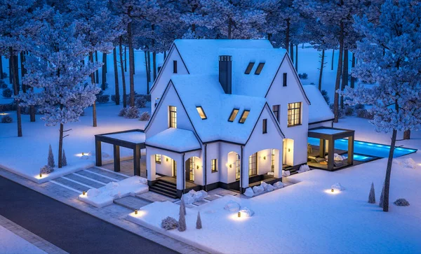 Рендеринг Симпатичного Уютного Белого Черного Современного Дома Стиле Тутси Парковкой — стоковое фото