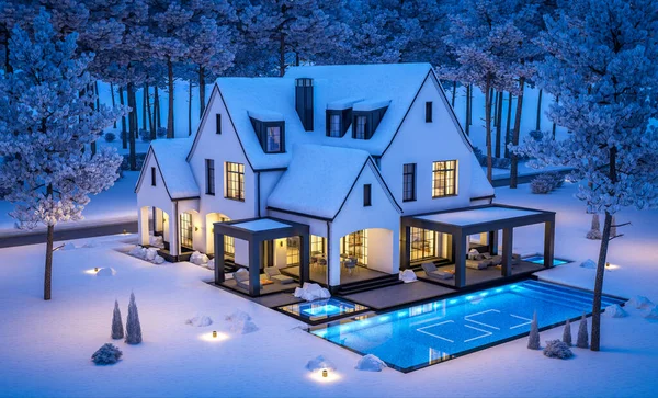 Rendering Cute Cozy White Black Modern Tudor Style House Parking — Stock Photo, Image