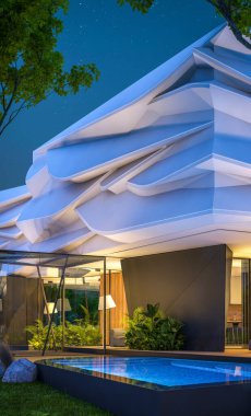 Biyonik doğal kıvrımları olan, park yeri ve havuzu satılık veya güzel manzaralı şirin, rahat, modern bir ev. Gökyüzünde bir sürü yıldızla berrak bir yaz gecesi