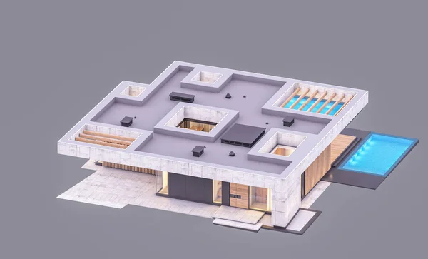 Vykreslení Nového Betonového Domu Moderním Stylu Bazénem Parkováním Prodej Nebo — Stock fotografie