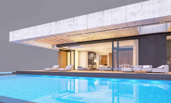 현대적 스타일의 새로운 하우스 렌더링 수영장 주차는 저녁에 판매하거나 임대료를 — 스톡 사진