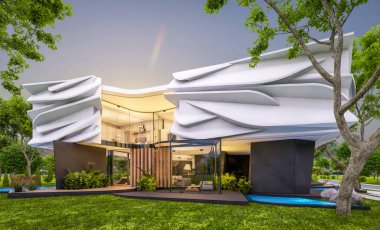 Biyonik doğal kıvrımları olan, park yeri ve havuzu satılık veya güzel manzaralı şirin, rahat, modern bir ev. Pencerenin sıcacık ışıklarıyla berrak bir yaz akşamı